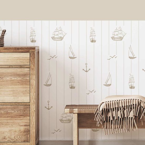Half-wall wallpaper featuring sailboats
